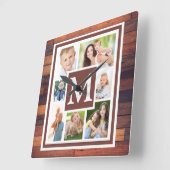 Creëer Uw Foto Collage Rustic Wood Monogram Vierkante Klok (Hoek)