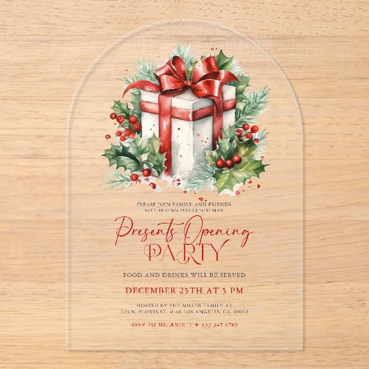 Creëer uw kerstcadeauopeningsfeest uitnodigen acryl uitnodigingen (Voorkant)