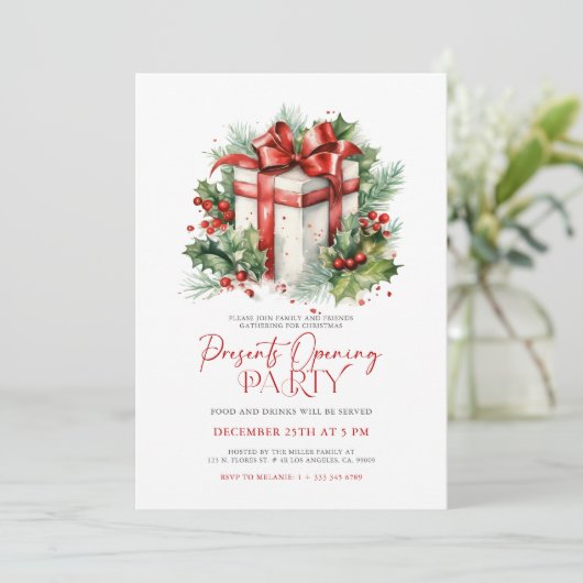 Creëer uw kerstcadeauopeningsfeest uitnodigen kaart (Staand voorkant)