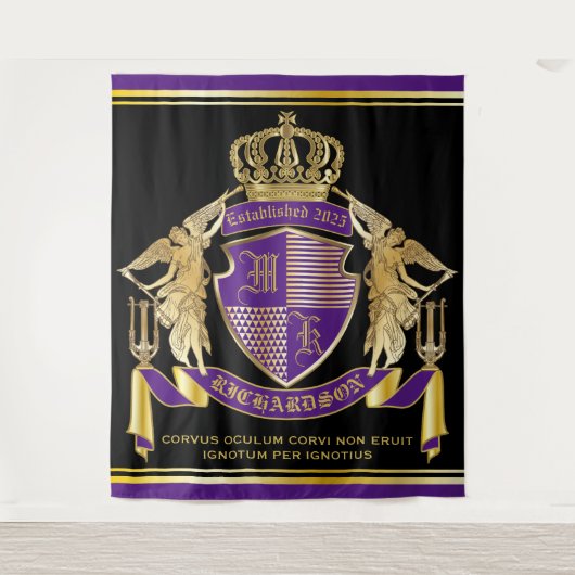 Creëer Uw wapenschild Paars Gold Angel Emblem Wandkleed (Voorkant)