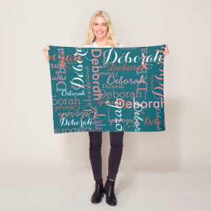 Creëer vrouwelijke naam typografie roze op blauwgr fleece deken
