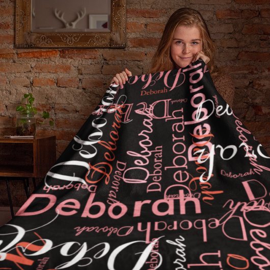 Creëer Vrouwelijke naam Typografie Roze op zwart Fleece Deken
