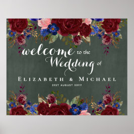Creëer Wedding Welcome Sign Burgundy Blue Floral Poster