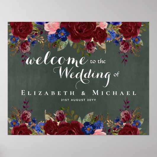 Creëer Wedding Welcome Sign Burgundy Blue Floral Poster (Voorkant)