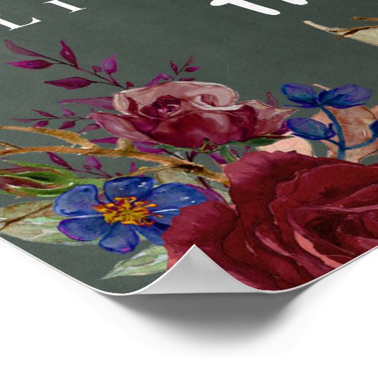 Creëer Wedding Welcome Sign Burgundy Blue Floral Poster (Hoek)