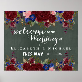 Creëer Wedding Welcome Sign Burgundy Blue Floral Poster