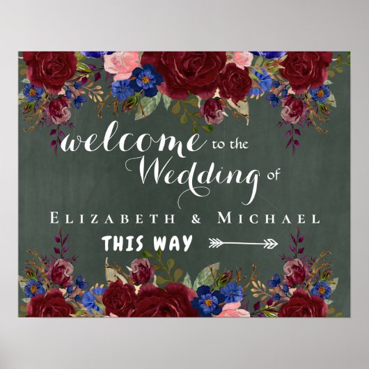 Creëer Wedding Welcome Sign Burgundy Blue Floral Poster (Voorkant)