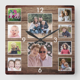 Creëer Your Ewn 10 Photo Collage Rustic Wood Vierkante Klok