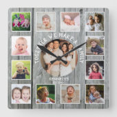 Creëer Your Ewn 13 Foto Collage Rustic Gray Wood Vierkante Klok (Voorkant)