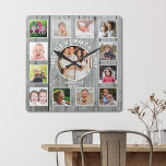 Creëer Your Ewn 13 Foto Collage Rustic Gray Wood Vierkante Klok<br><div class="desc">Creëer je eigen fotocollage muurklok met 13 van je favoriete afbeeldingen. De foto-lijst klok helpt je je speciale momenten te koesteren en maakt ook een doordacht geschenk voor ouders, grootouders en vrienden. De gepersonaliseerde familieklok maakt het een perfect geschenk voor alle gelegenheden. Personaliseer met familienaam en vastgestelde datum. Het citaat...</div>