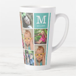 Creëer Your Ewn 13 Photo Collage Monogram Blauwgro Latte Mok