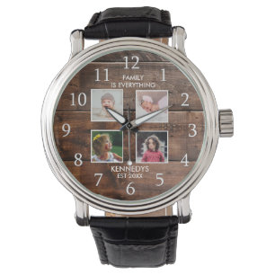 Creëer Your Ewn 4 Foto Collage Family Name Wood Horloge