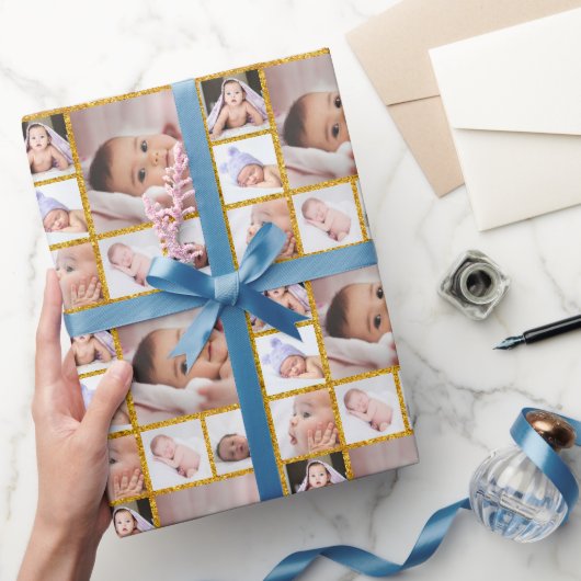 Creëer Your Ewn 6 Foto Collage Gold Glitter Cadeaupapier (Geschenken)