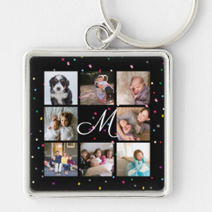Creëer Your Ewn 8 Photo Collage Monogram Black Sleutelhanger