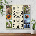 Creëer Your Ewn Deco 6 Photo Collage Marked Vierkante Klok<br><div class="desc">Maak uw eigen persoonlijke fotocollage klok met deze eenvoudige sjabloon. Deze vierkante klok heeft zwarte getallen in het midden in een decostijl lange rechthoek en een licht beige-bruine enigszins gemarmerde achtergrond. Langs de randen heb je ruimte om zes van je eigen favoriete foto's toe te voegen: 4 5x7 en 2...</div>