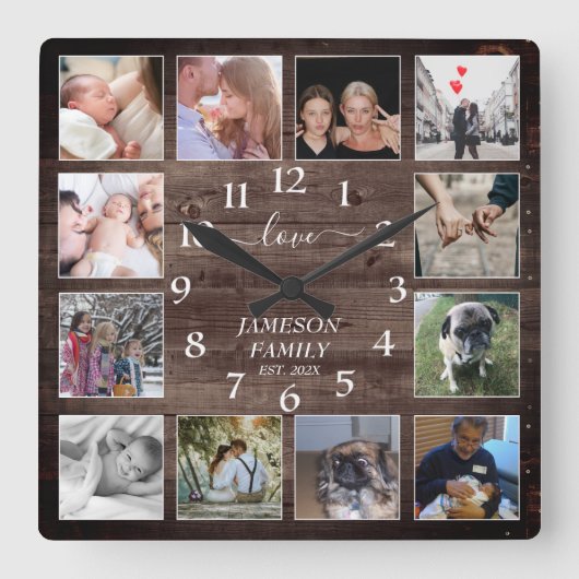 Creëer Your Ewn Photo Collage Farmhouse Wood Vierkante Klok (Voorkant)