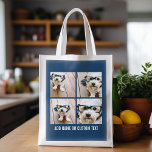 Creëer Your Ewn Photo Collage Navy 4 Afbeeldingen Herbruikbare Boodschappentas<br><div class="desc">Gebruik vier vierkante foto's om een uniek en persoonlijk cadeau te creëer. Of je kunt de hipster puppy houden en een trendy keepslag maken. Als u de afbeeldingen moet aanpassen,  klik op het aanpassingshulpmiddel om veranderingen aan te brengen.</div>