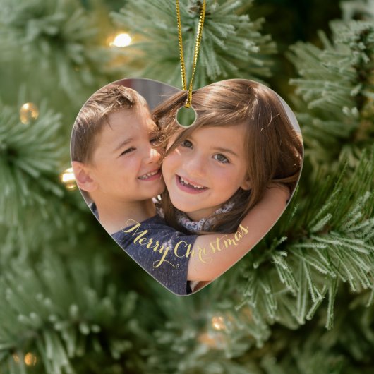 Creëer Your Ewn Photo Gold Text Kersthart Keramisch Ornament (Boom)