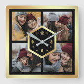 Creëer Your Own 4 Foto Collage Black en Gold Vierkante Klok (Voorkant)
