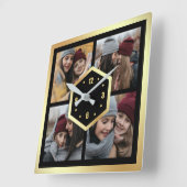 Creëer Your Own 4 Foto Collage Black en Gold Vierkante Klok (Hoek)