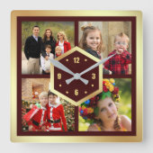 Creëer Your Own 4 Foto Collage Burgundy en Gold Vierkante Klok (Voorkant)