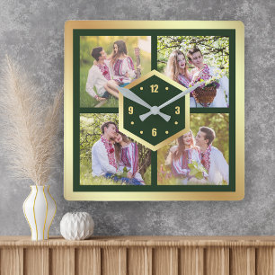 Creëer Your Own 4 Foto Collage Green en Gold Vierkante Klok