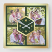 Creëer Your Own 4 Foto Collage Green en Gold Vierkante Klok (Voorkant)