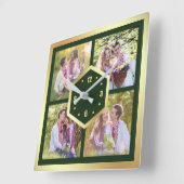 Creëer Your Own 4 Foto Collage Green en Gold Vierkante Klok (Hoek)