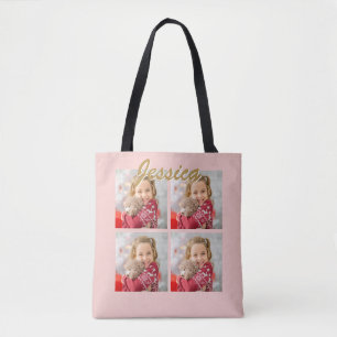 Creëer Your Own 4 Photo Collage witte scriptnaam Tote Bag