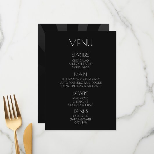 Creëer Your Own - Black Minimalist Sunburst Menu (Voorkant / Achterkant in situ)