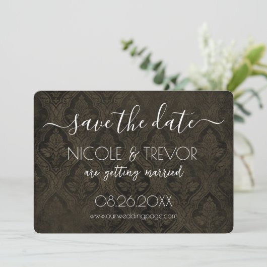 Creëer Your Own - Donkergotische  Damask Save The Date (Staand voorkant)