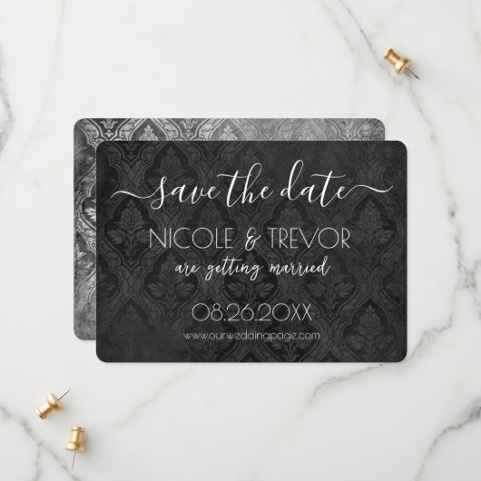 Creëer Your Own - Donkergotische  Damask Save The Date (Voorkant / Achterkant in situ)