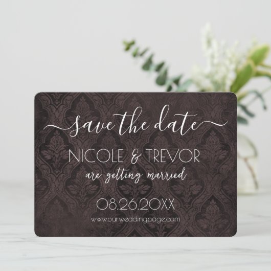 Creëer Your Own - Donkergotische  Damask Save The Date (Staand voorkant)