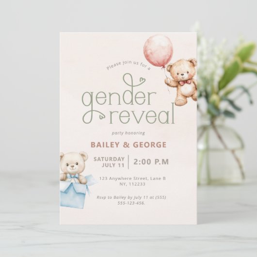 Creëer Your Own Gender Reveal Teddybeer gestreept Kaart (Staand voorkant)