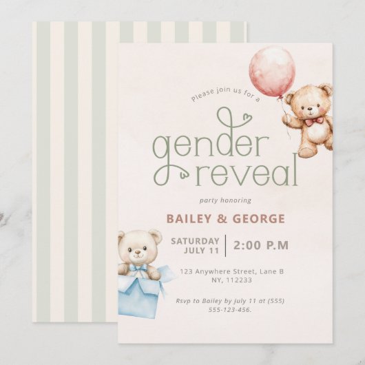 Creëer Your Own Gender Reveal Teddybeer gestreept Kaart (Voorkant / Achterkant)