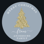Creëer Your Own Gold Glitter Christmas Dusty Blue Ronde Sticker<br><div class="desc">Creëer Uw eigen Gouden Glitter Kerstboom Stoffig Blauw Vakantie Ronde Sticker.</div>