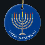 Creëer Your Own Hanukkah Menorah Keramisch Ornament<br><div class="desc">Creëer Uw eigen Hanukkah Menorah Ceramic Ornament. Menorah met negen kaarsen en ster van David op een blauw festival van lichtachtergrondverlichting aan de voor- en achterkant van de versiering. Fijne vakantiegroeten en naam van de familie op de achterkant. Plaats uw eigen tekst, zoals gewenst. Kies de vorm van de versiering...</div>