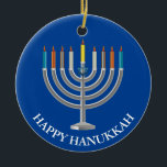 Creëer Your Own Hanukkah Menorah Keramisch Ornament<br><div class="desc">Creëer Uw eigen Hanukkah Menorah Ceramic Ornament. Menorah met negen kaarsen en ster van David op een blauw festival van lichtachtergrondverlichting aan de voor- en achterkant van de versiering. Fijne vakantiegroeten en naam van de familie op de achterkant. Plaats uw eigen tekst, zoals gewenst. Kies de vorm van de versiering...</div>