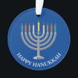 Creëer Your Own Hanukkah Menorah Ornament<br><div class="desc">Creëer Je eigen Hanukkah Menorah Acrylornament. Menorah met negen kaarsen en ster van David op een blauw festival van lichtachtergrondverlichting aan de voor- en achterkant van de versiering. Fijne vakantiegroeten en naam van de familie op de achterkant. Plaats uw eigen tekst, zoals gewenst. Kies de vorm van de versiering in...</div>