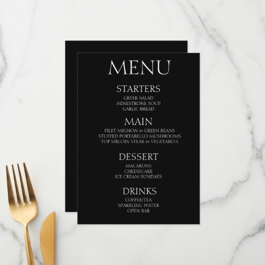 Creëer Your Own - Minimalistisch zwart evenement Menu (Voorkant / Achterkant in situ)