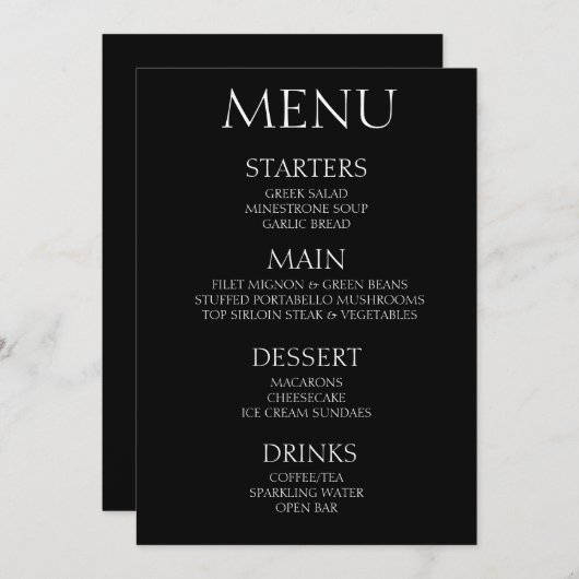 Creëer Your Own - Minimalistisch zwart evenement Menu (Voorkant / Achterkant)