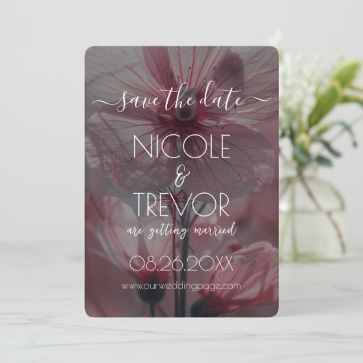Creëer Your Own - roze doorschijnende bloemen Save The Date (Staand voorkant)