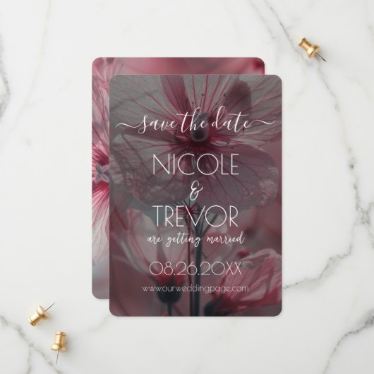 Creëer Your Own - roze doorschijnende bloemen Save The Date (Voorkant / Achterkant in situ)