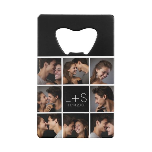 Creëer Your Own Wedding Photo Collage Monogram Creditkaart Flessenopener (Voorkant)
