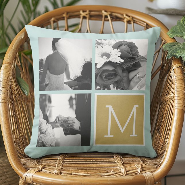 Creëer Your Own Wedding Photo Collage Monogram Kussen (Custom Photo Pillow)