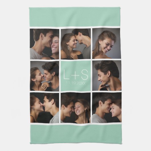 Creëer Your Own Wedding Photo Collage Monogram Theedoek (Verticaal)