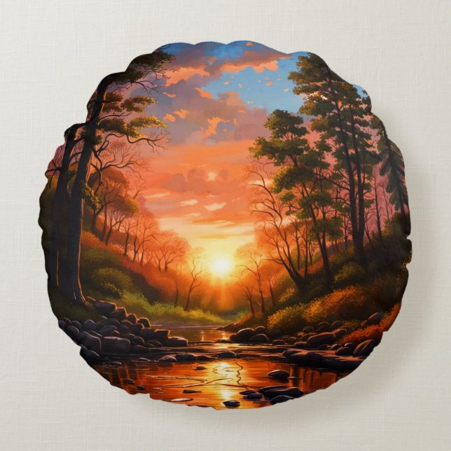 Creek Bank Sunrise Rond Kussen (Voorkant)