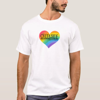 creekside logo in a rainbow heart t-shirt