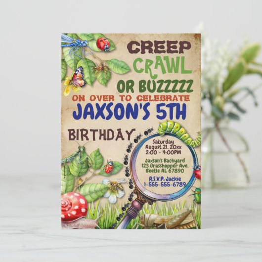 Creep, Crawl of Buzzzz Jongens Bug Verjaardagsfees Kaart (Staand voorkant)