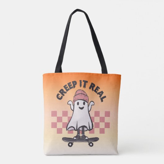 Creep it Echt Skateboarden Ghost Sinaasappel Hallo Tote Bag (Achterkant)
